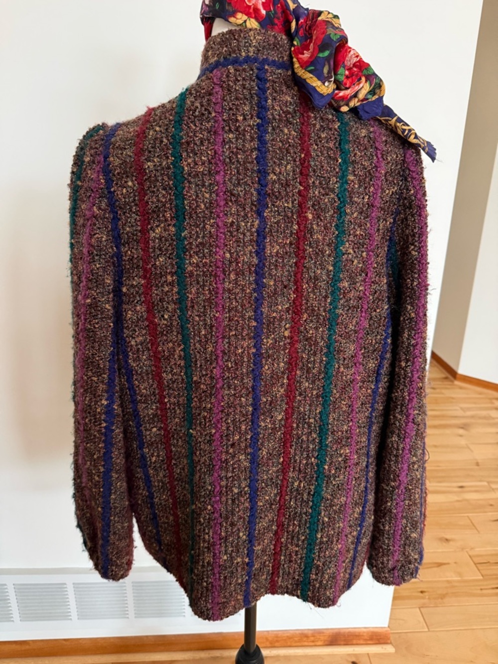 Grandma core Textured Striped Bouclé Jacket with Jewel-Tone Scarf - Picture 3 of 10